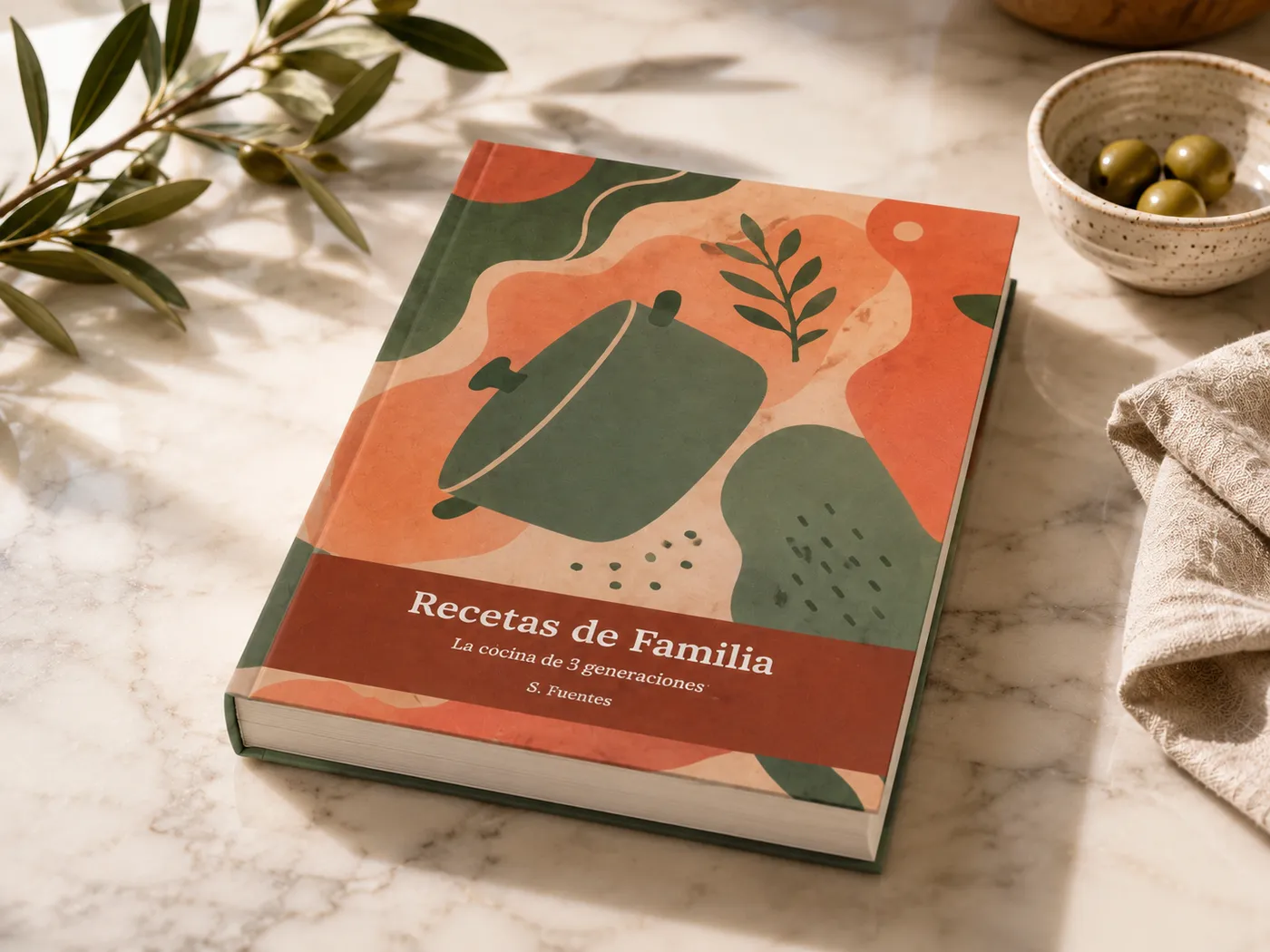 Libro de recetas de familia junto a una rama de olivo