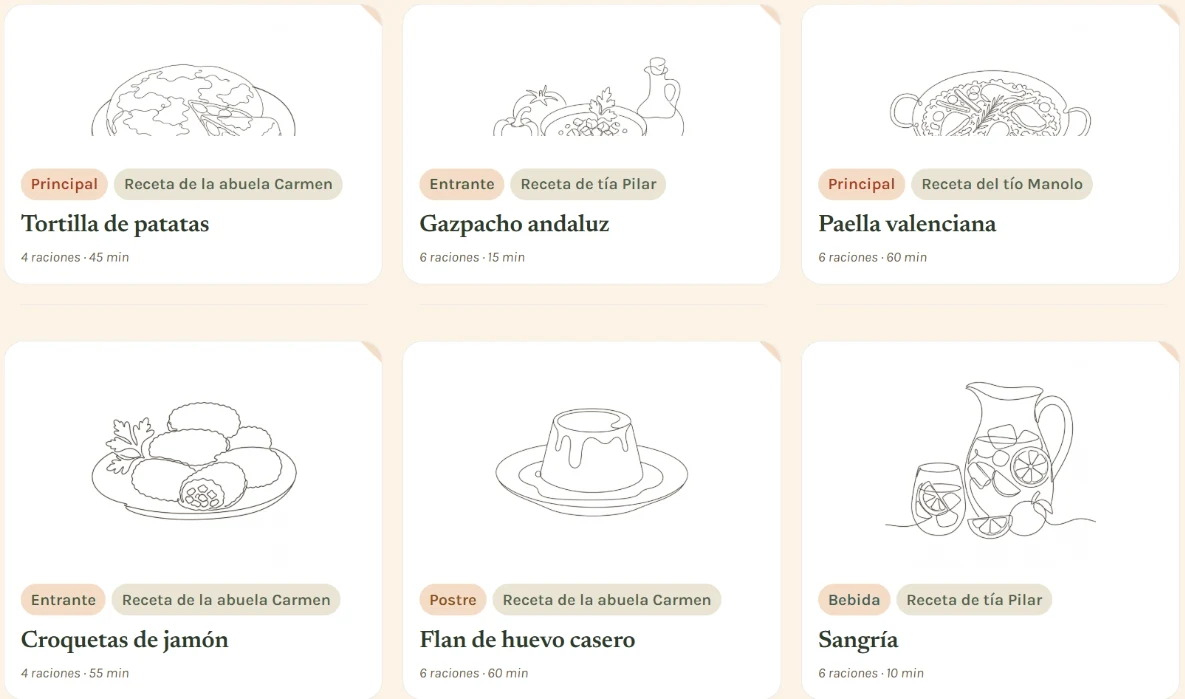 Rejilla de recetas del libro con su categoría y su autoría