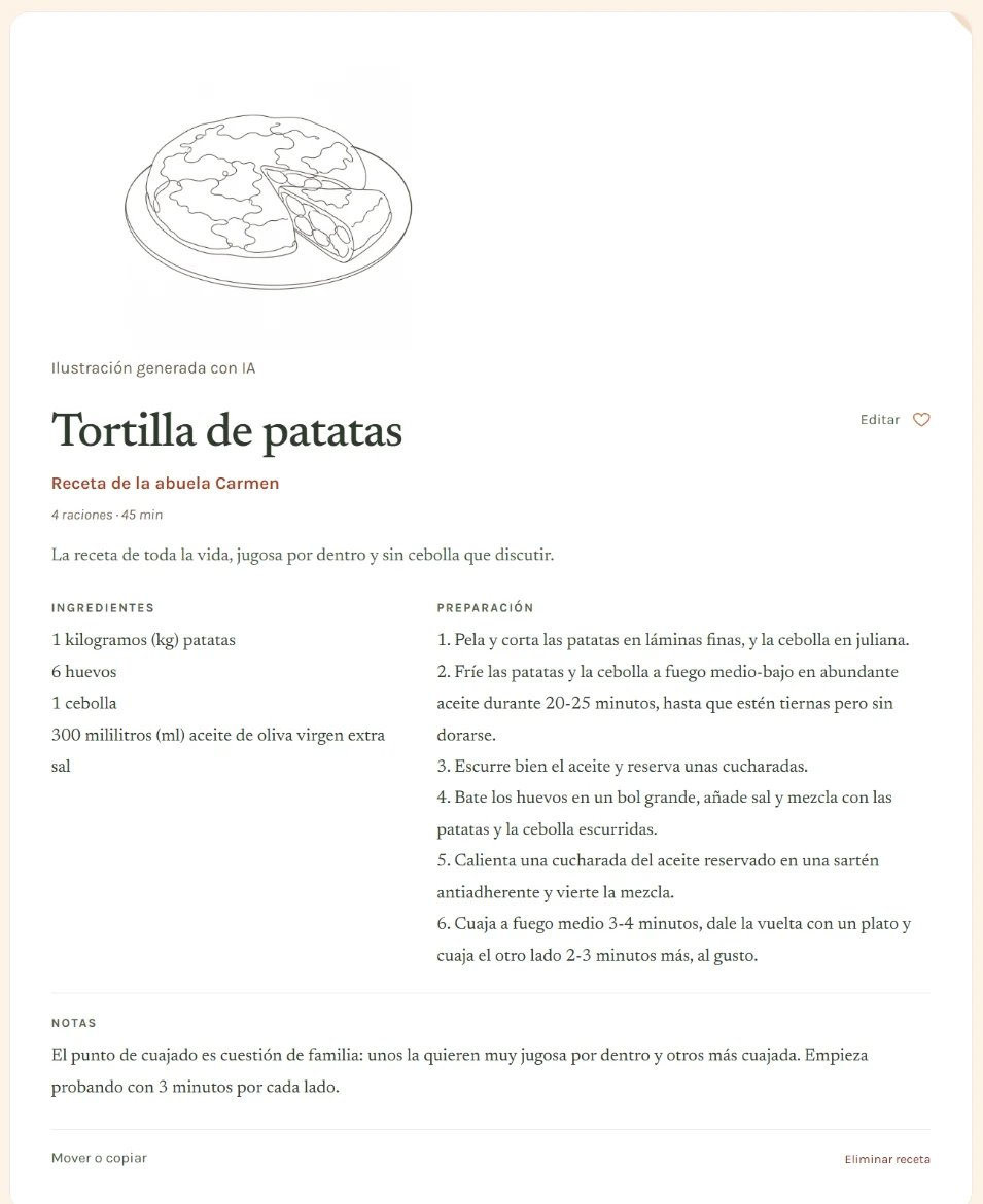Ficha de la receta Tortilla de patatas ya guardada en el libro